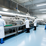 Modern Food Production Facility**

A brightly lit, modern food production facility, featuring automated machinery and workers in sterile clothing, fully clothed, appropriate attire, monitoring the process. Focus on clean, stainless steel equipment and hygienic design. Safe for work, perfect anatomy, natural proportions, professional setting, high quality, family-friendly.

**