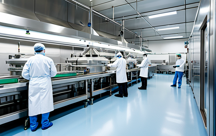 Modern Food Production Facility**

A brightly lit, modern food production facility, featuring automated machinery and workers in sterile clothing, fully clothed, appropriate attire, monitoring the process. Focus on clean, stainless steel equipment and hygienic design. Safe for work, perfect anatomy, natural proportions, professional setting, high quality, family-friendly.

**
